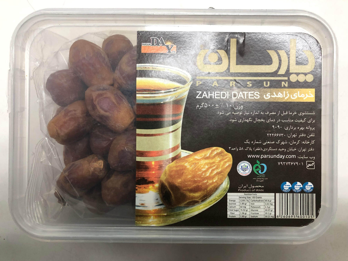 Plastic container of Parsun Zahedi Dates with product label and nutrition facts