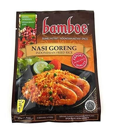 Bamboe Nasi Goreng Indonesian Fried Rice spice mix packet with shrimp and rice dish image
