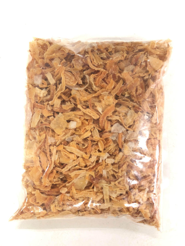 Clear plastic bag filled with golden brown crispy fried onions