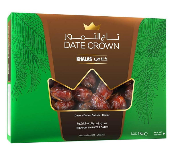 Date Crown Khalas premium Emirates dates 1kg green and brown packaging with palm leaf design