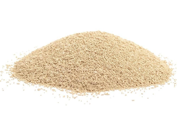 Pile of light beige dry active yeast granules isolated on white background