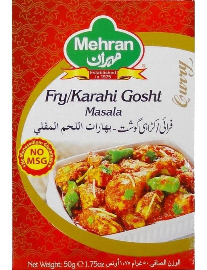 Mehran Fry Karahi Gosht Masala spice mix packaging with no MSG label and image of spiced meat curry