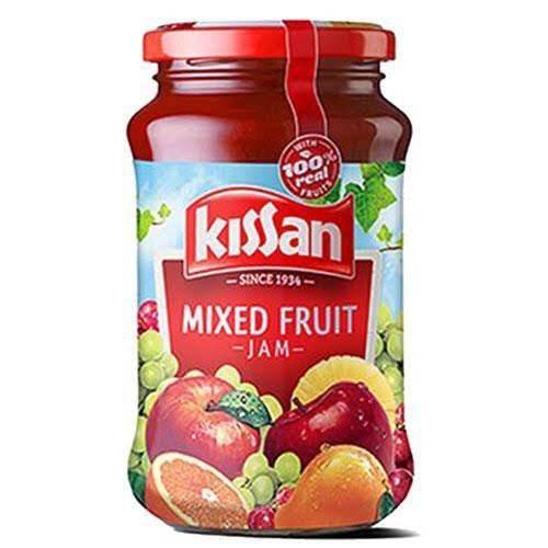 Kissan mixed fruit jam jar with assorted fruit images and red lid on white background