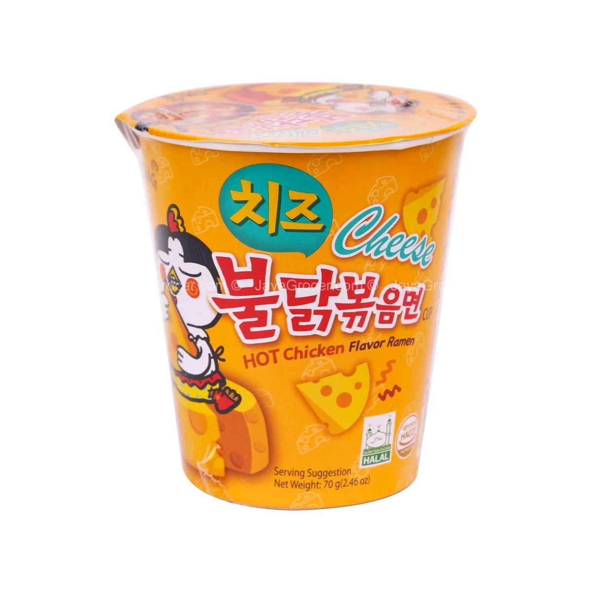 Cup of Korean cheese hot chicken flavor ramen noodles with cartoon chicken and cheese graphics