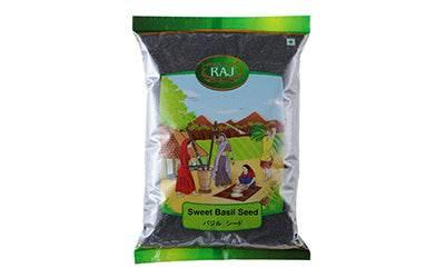 RAJ brand sweet basil seed package with traditional village art and green accents