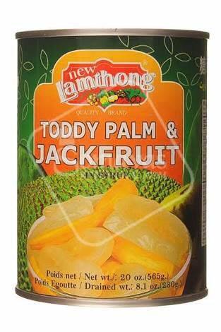 New Amthong canned Toddy Palm & Jackfruit, 20 oz, green and orange label with fruit images