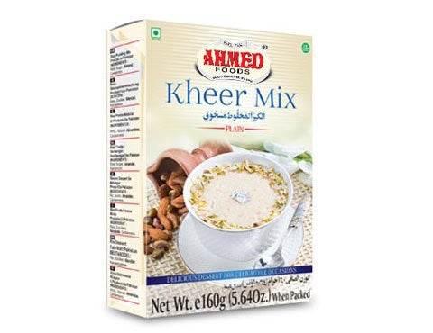 Ahmed Foods Kheer Mix plain flavored dessert mix box with bowl of creamy kheer topped with nuts