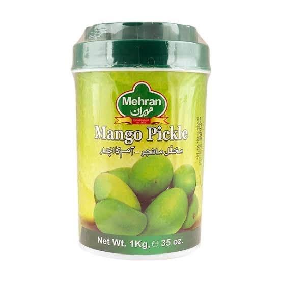 Mehran Mango Pickle 1kg jar with green lid and fresh mangoes image on label