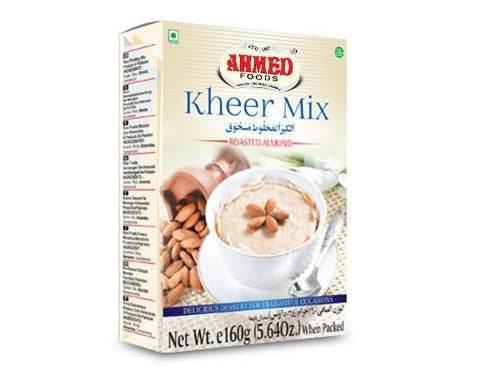 Ahmed Foods Kheer Mix roasted almond flavor box with bowl of kheer dessert and almonds
