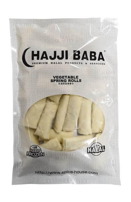 Hajji Baba frozen halal vegetable spring rolls in transparent packaging