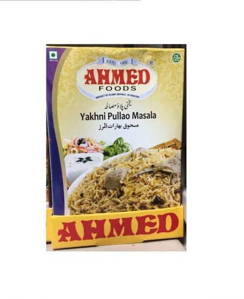Ahmed Foods Yakhni Pulao Masala spice mix packet with image of cooked pulao rice on front