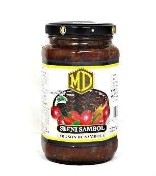MD Seeni Sambol jar with spicy Sri Lankan onion chutney and red chili on label