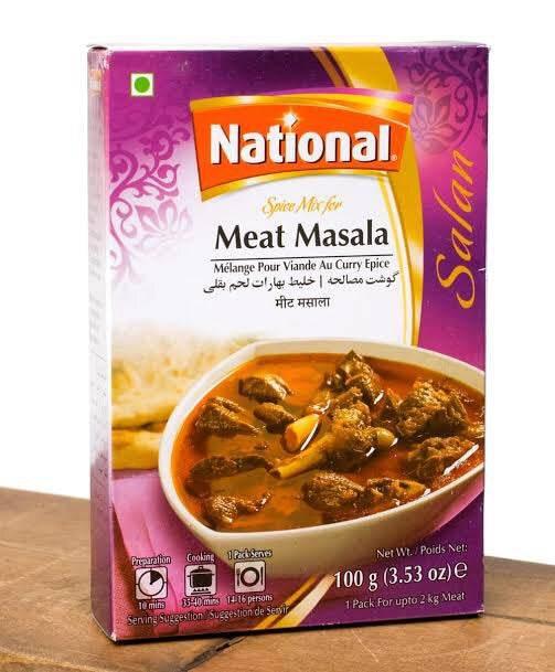 National Meat Masala spice mix box with curry dish image, 100g, purple packaging