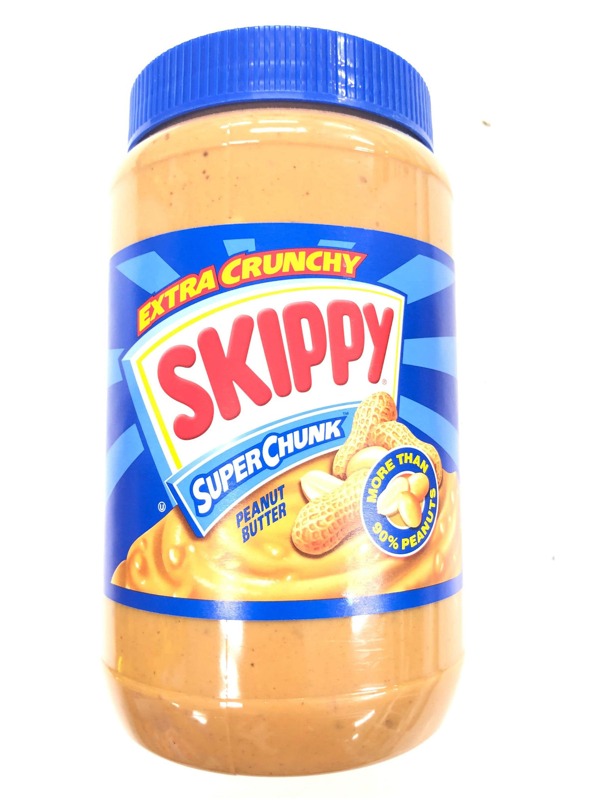 Skippy Extra Crunchy Super Chunk peanut butter jar with blue lid and label, showing peanuts