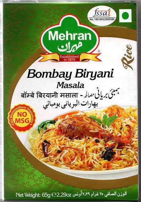 Mehran Bombay Biryani Masala spice mix packaging with chicken biryani rice dish, no MSG label