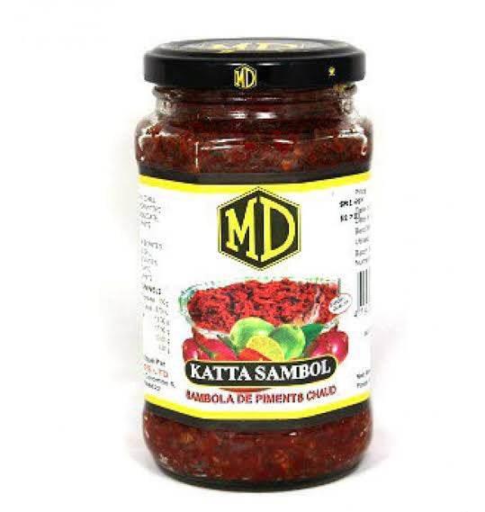 MD brand Katta Sambol spicy chili paste in glass jar with black lid and white label