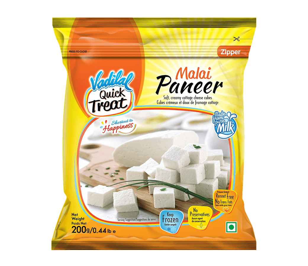 Vadilal Quick Treat Malai Paneer soft creamy cottage cheese cubes packed in yellow resealable pouch