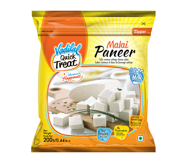 Vadilal Quick Treat Malai Paneer soft creamy cottage cheese cubes packed in yellow resealable pouch