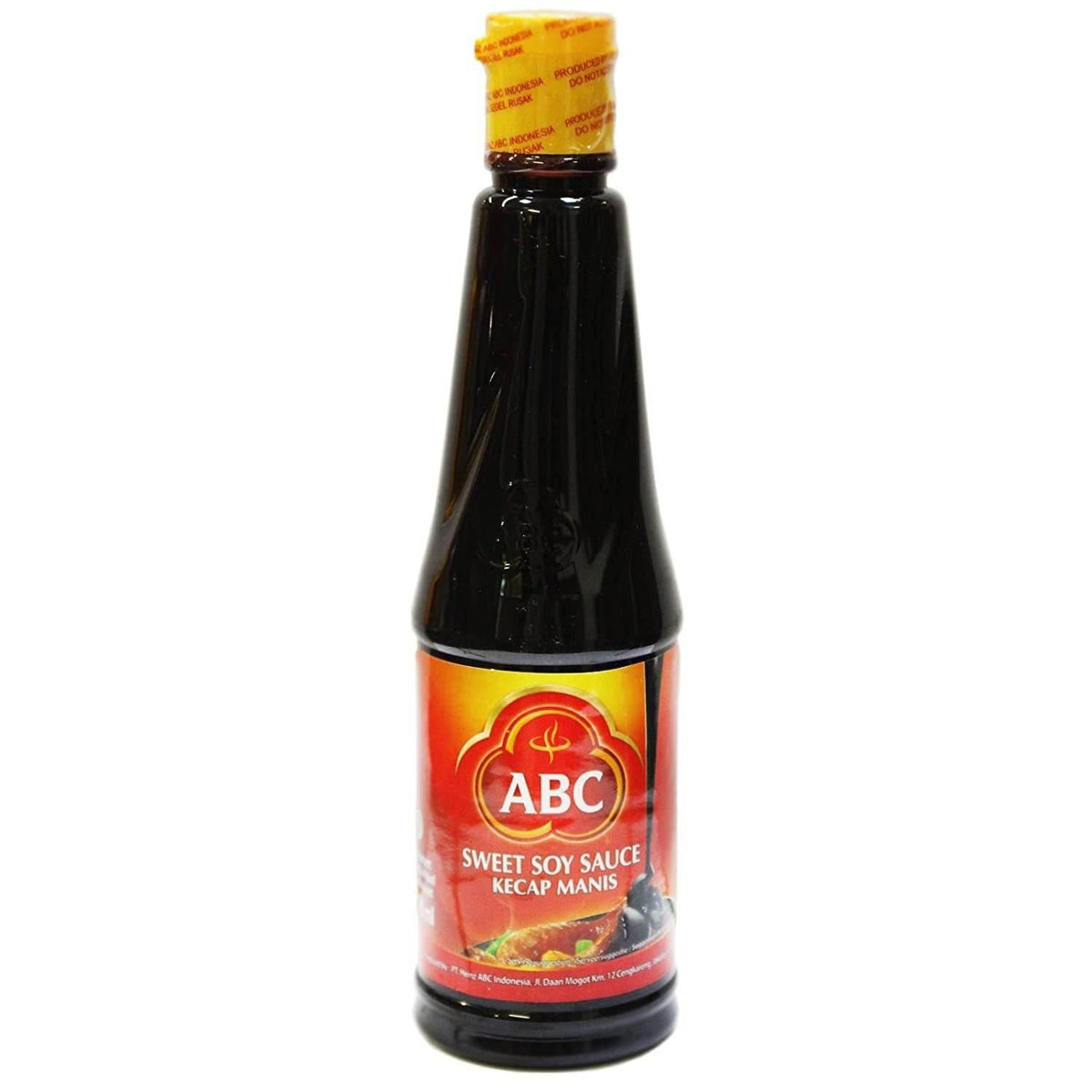 Bottle of ABC Sweet Soy Sauce Kecap Manis with red and yellow label and yellow cap