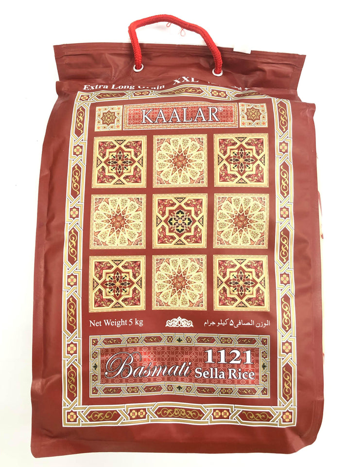 KAALAR 5kg bag of 1121 Basmati Sella Rice with ornate red and gold pattern and red rope handle