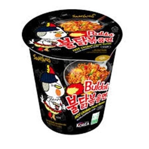 Samyang Buldak Hot Chicken Flavor Cup noodles in black packaging with cartoon chicken mascot