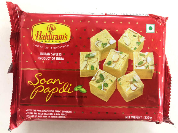 Haldiram's Soan Papdi Indian sweets packed in red box with nuts and cardamom, 250g