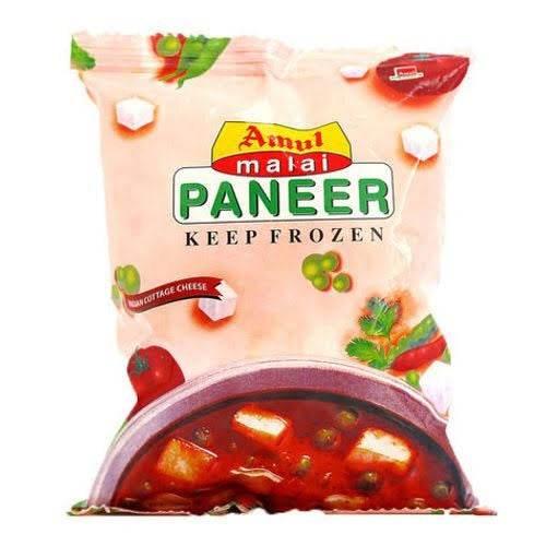 Amul Malai Paneer frozen pack with fresh paneer cubes and herbs on packaging
