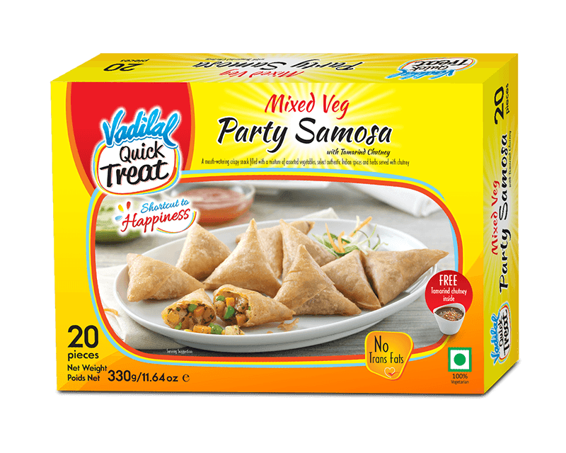 Vadilal Quick Treat Mixed Veg Party Samosa box with 20 pieces, tamarind chutney, vegetarian snack