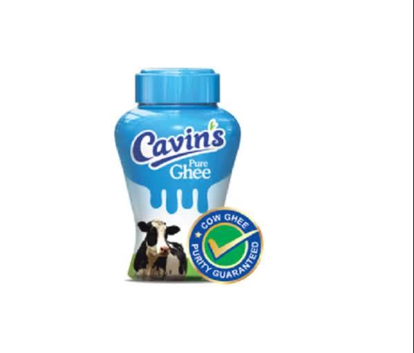 Cavin's Pure Ghee container with blue lid, cow illustration, and purity guarantee seal