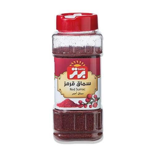 Badra brand red sumac spice in clear plastic container with red flip-top lid