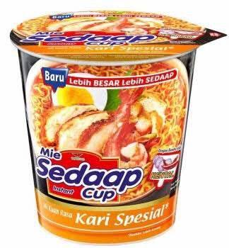 Mie Sedaap instant cup noodles Kari Spesial flavor with chicken and egg toppings
