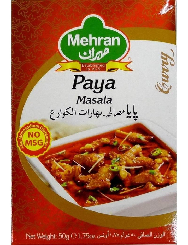 Mehran Paya Masala curry spice mix packaging with no MSG label and vibrant curry image