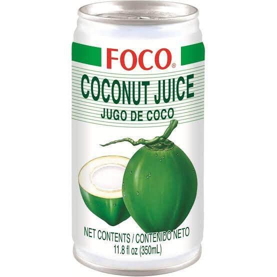 FOCO coconut juice can with green coconut image and bilingual label in English and Spanish, 11.8 fl oz