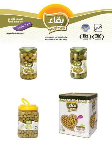 Packaged green olives in glass jars and plastic container with yellow lid, plus branded box from Baghaa food industry