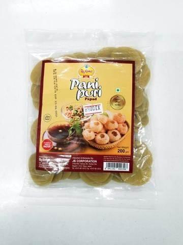 Pack of Raj Khand Pani Puri Papad with image of pani puri snack and tamarind chutney on label