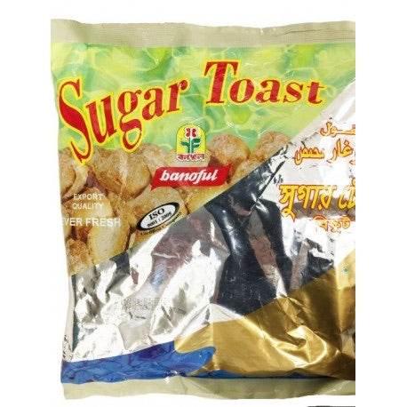 Banoful Sugar Toast packaged snack with golden and silver foil bag featuring toasted bread pieces image