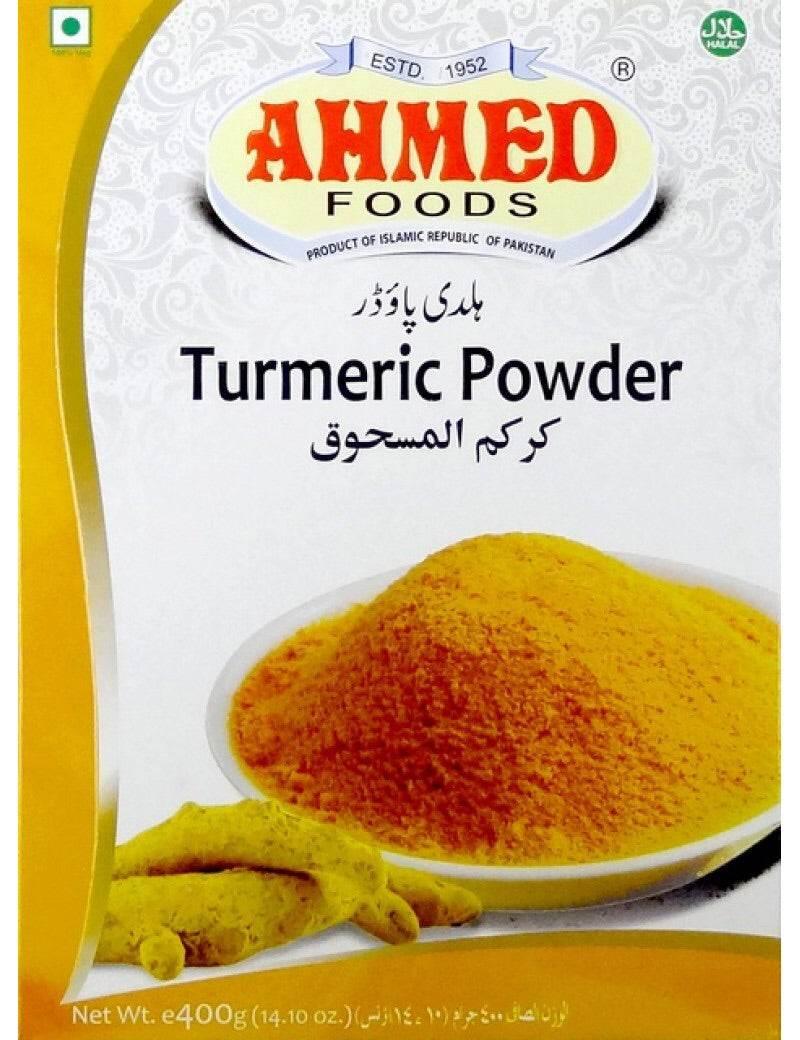 Ahmed Foods turmeric powder 400g packet with turmeric root image and halal certification