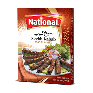 National Seekh Kabab Masala Mix box with appetizing grilled kebabs on white plate, served with onions and salad