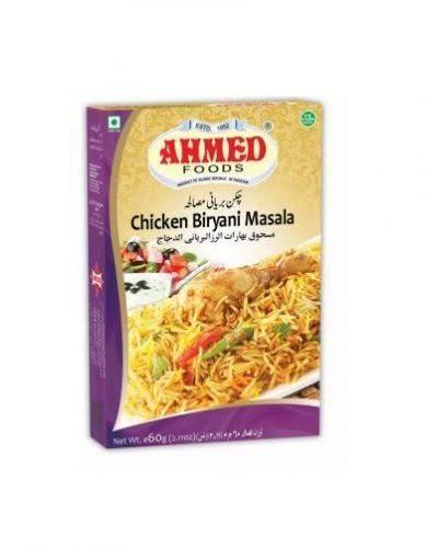Ahmed Foods Chicken Biryani Masala spice mix box with biryani rice and chicken dish image