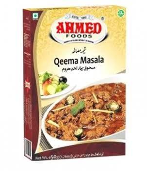 Ahmed Foods Qeema Masala spice mix box with image of spiced minced meat dish