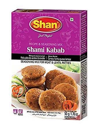 Shan Shami Kabab recipe and seasoning mix box with image of meat and lentil patties on plate