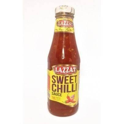 Lazzat Sweet Chilli Sauce bottle with red chili peppers on yellow label against white background