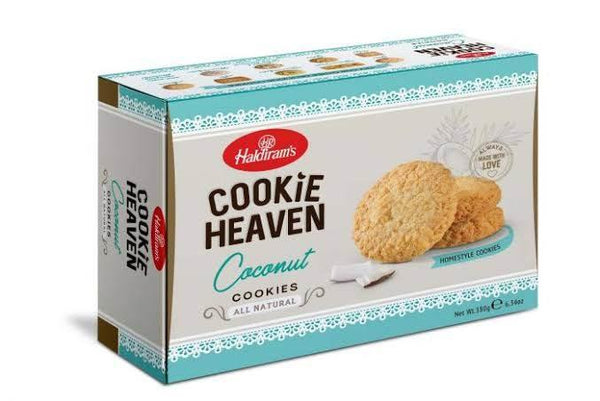 Haldiram's Cookie Heaven Coconut Cookies box with image of coconut cookies and white coconut pieces