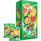 Win2 Potato Crisp Crackers box and two vegetable flavor snack packets with cartoon potato mascot on green packaging