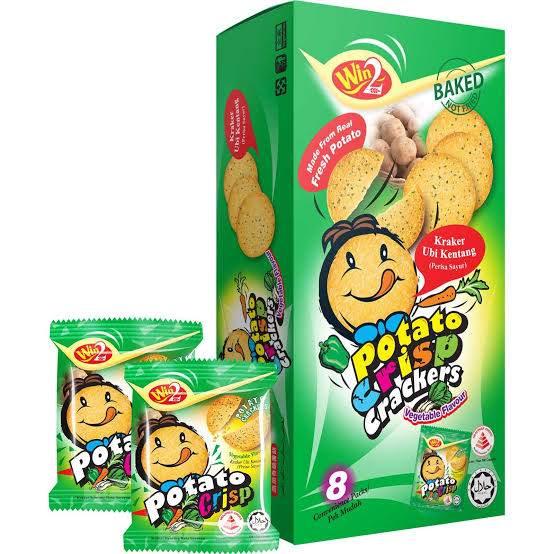 Win2 Potato Crisp Crackers box and two vegetable flavor snack packets with cartoon potato mascot on green packaging