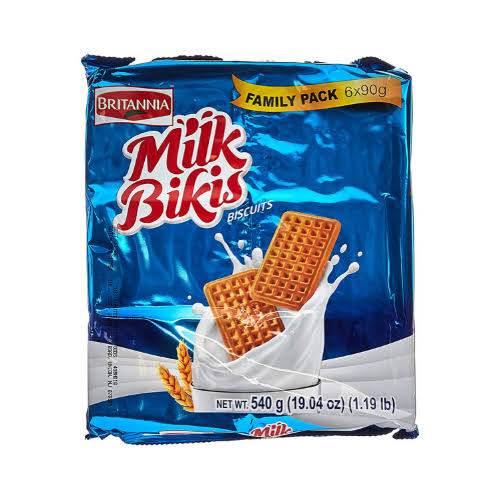 Britannia Milk Bikis family pack biscuits 540g with wheat and milk splash on blue packaging