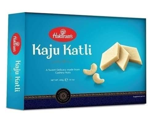 Haldiram's Kaju Katli sweet made from cashew nuts in blue packaging, 400g box