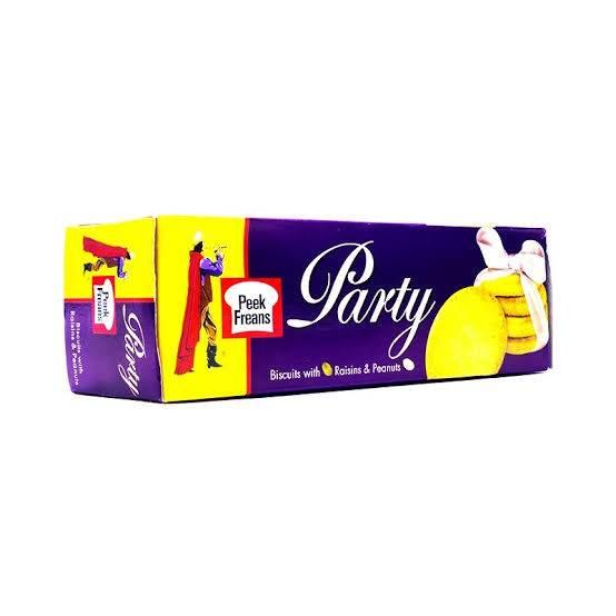 Peek Freans Party biscuits packaging with raisins and peanuts in purple and yellow box