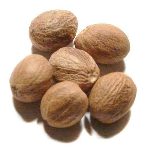 Six whole nutmeg seeds with rough brown shells on a white background