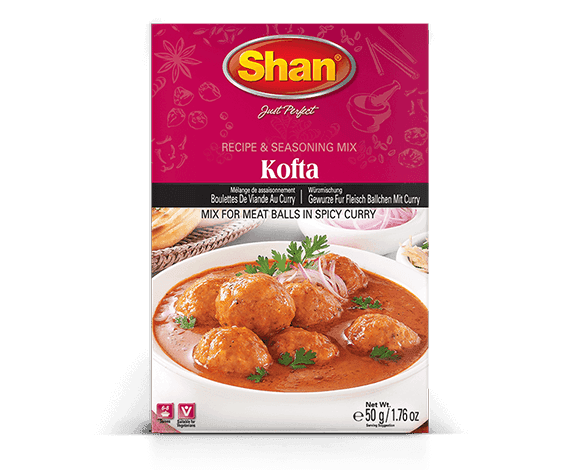 Shan Kofta recipe and seasoning mix box with image of meatballs in spicy curry sauce, 50g pack